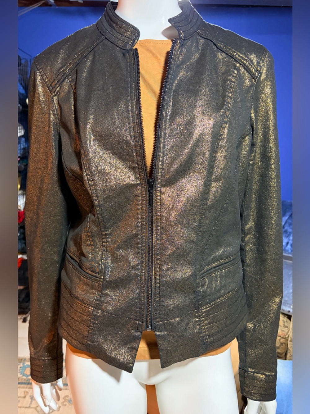 White House Black Market Metallic Black Zip-Front Moto Faux Leather Jacket